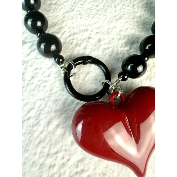 Large Red Glass Heart Pendant Black Beaded Keyring Purse Charm Accessory Gift - Picture 5 of 7